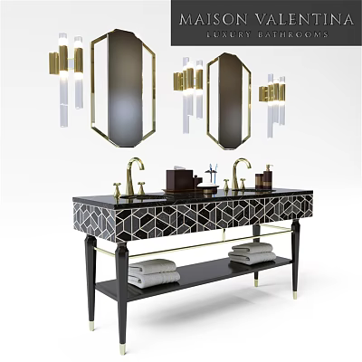Elegant Bathroom Vanity With Black Gold Geometric Top Hexagonal Mirrors Brass Faucets And Stacked Towels 3d model