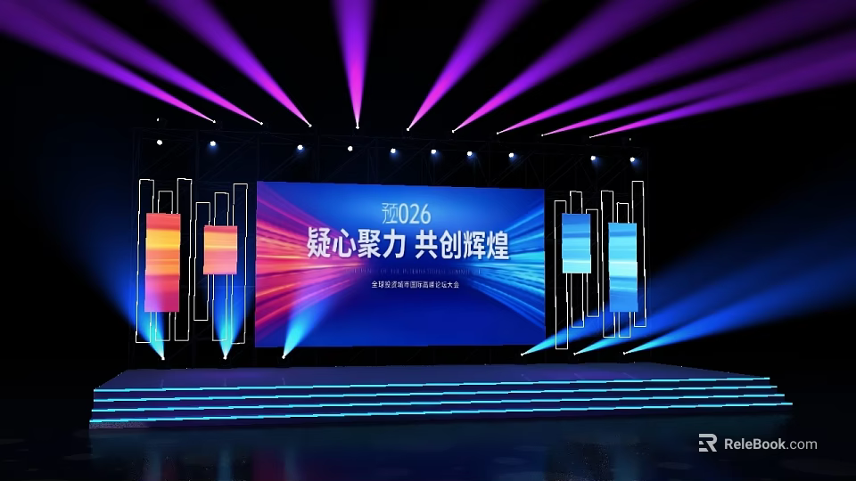 2024 Stage with Purple Blue Lights LED Display Screen Unite Efforts Create Brilliance Steps 3d model 