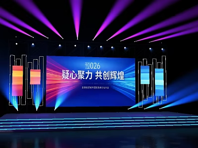 2024 Stage with Purple Blue Lights LED Display Screen Unite Efforts Create Brilliance Steps 3d model