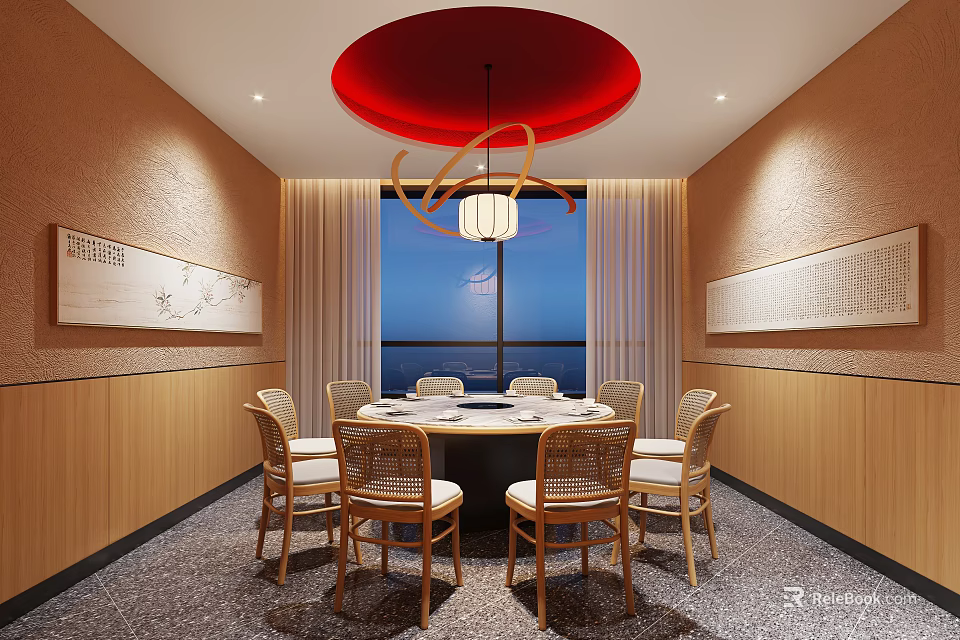 Chinese Style Private Dining Room With Round Table And Red Ceiling 3d model