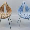 Modern Single Chair With Woven Design Wooden And Blue Thin Metal Legs