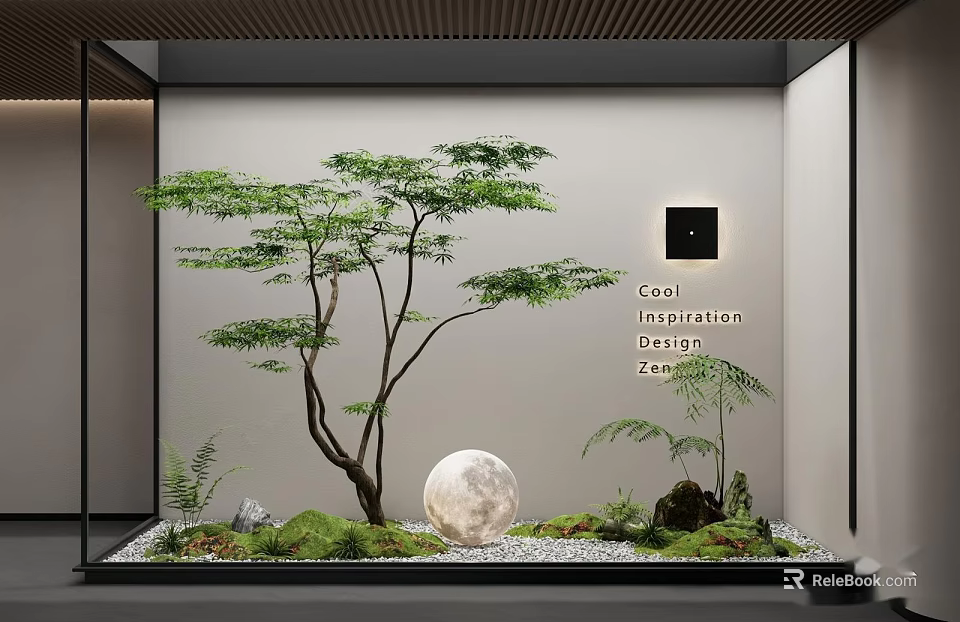 Bonsai Plant Decoration With Green Leaves Moon Moss And Natural Stones 3d model 