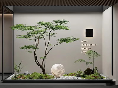 Bonsai Plant Decoration With Green Leaves Moon Moss And Natural Stones 3d model