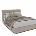 Modern Upholstered Double Bed With Beige Headboard White Mattress Decorative Pillows And Soft Blanket