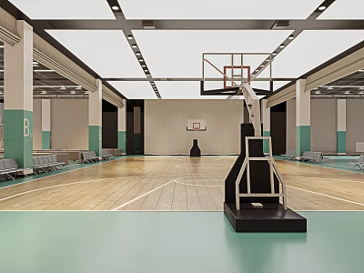 Indoor Basketball Court with Wooden Floor Green Walls White Ceiling Seats and Lighting 3d model