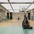 Indoor Basketball Court with Wooden Floor Green Walls White Ceiling Seats and Lighting