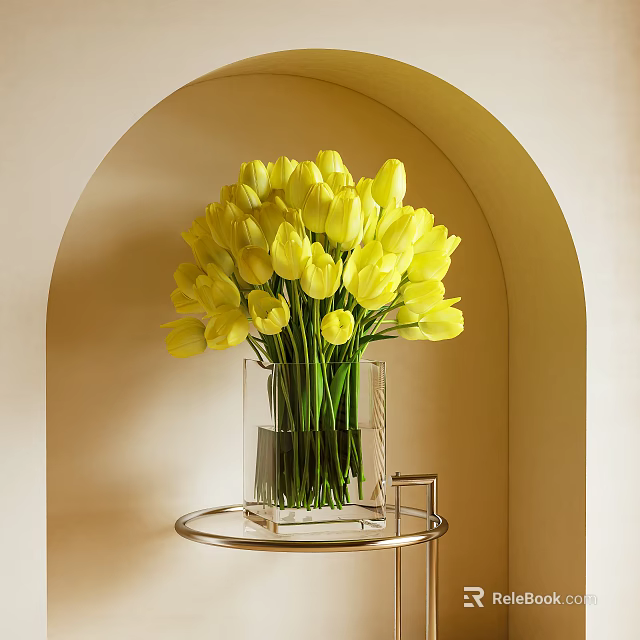 Transparent Glass Vase with Yellow Tulips on Metal Stand Arched Beige Wall Background 3d model 
