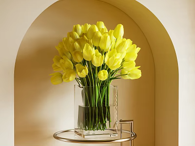 Transparent Glass Vase with Yellow Tulips on Metal Stand Arched Beige Wall Background 3d model