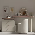 Minimalist Modern Dressing Table Interior With Round Mirror Framed Art And Beige Chair