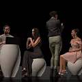 Group of People Sitting Standing on White Spherical Seats with Laptop and Casual Outfits