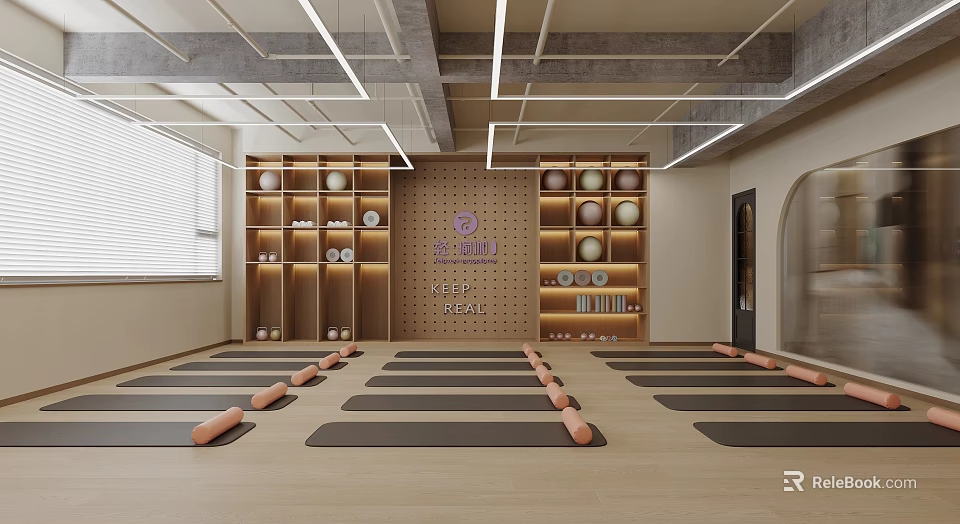Modern Yoga Studio Interior With Mats And Rollers 3d model