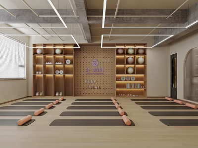 Modern Yoga Studio Interior With Mats And Rollers 3d model