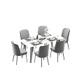 Rectangular Dining Table Set With Six Gray Chairs Tableware Wine Bottle And Flower Vase 3d model