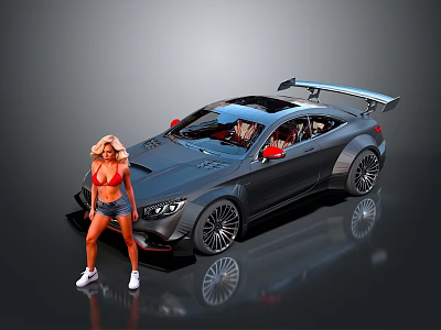 Black Modified Sports Car With Rear Spoiler Red Side Mirrors And Sleek Design 3d model
