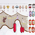 Traditional Chinese Lanterns With Diverse Patterns Hanging On Bamboo Decorative Structure 3d model