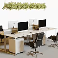 Modern Office Desk Setup With Multiple Computer Monitors Black Chairs And Hanging Green Plants