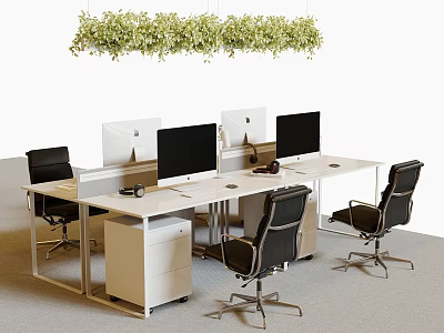 Modern Office Desk Setup With Multiple Computer Monitors Black Chairs And Hanging Green Plants 3d model