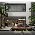 Modern Courtyard Garden Design With Wooden Deck Outdoor Seating Umbrella Water Feature And Greenery