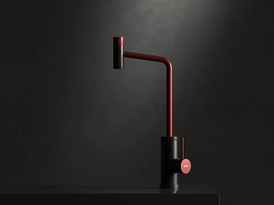 Modern Black Faucet Featuring Red Curved Handle and Red Button on Black Background 3d model