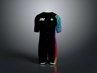 Black Short Sleeve Jumpsuit With Colorful Stripes Leg Chest Logo And Bottom Text 3d model