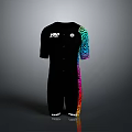 Black Short Sleeve Jumpsuit With Colorful Stripes Leg Chest Logo And Bottom Text