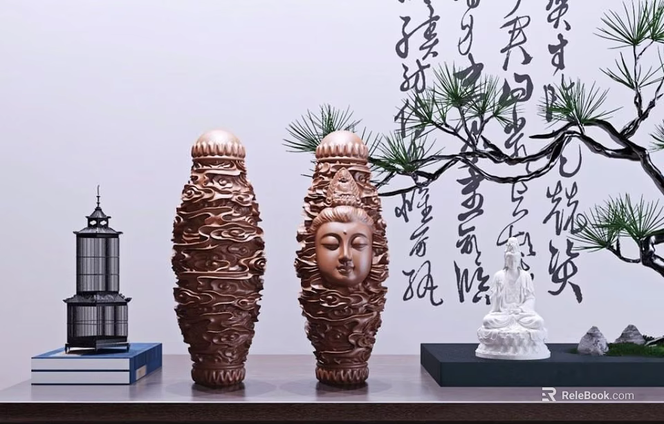 Chinese Wooden Carved Decorative Ornament Set With Buddha Face Pagoda Pine Branch And Calligraphy Background 3d model 