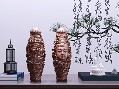 Chinese Wooden Carved Decorative Ornament Set With Buddha Face Pagoda Pine Branch And Calligraphy Background 3d model