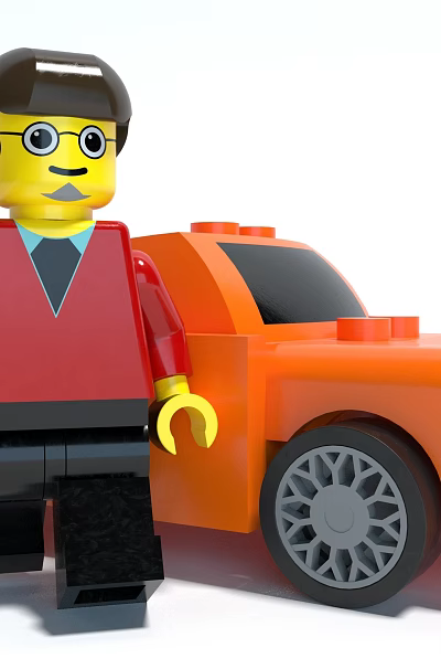 Building Block Figure With Red Top Glasses Waving Hand Standing Beside Orange Building Block Car 3d model