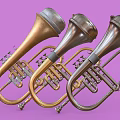Vintage Brass Musical Instruments in Gold Silver Bronze Tones Display on Purple Background