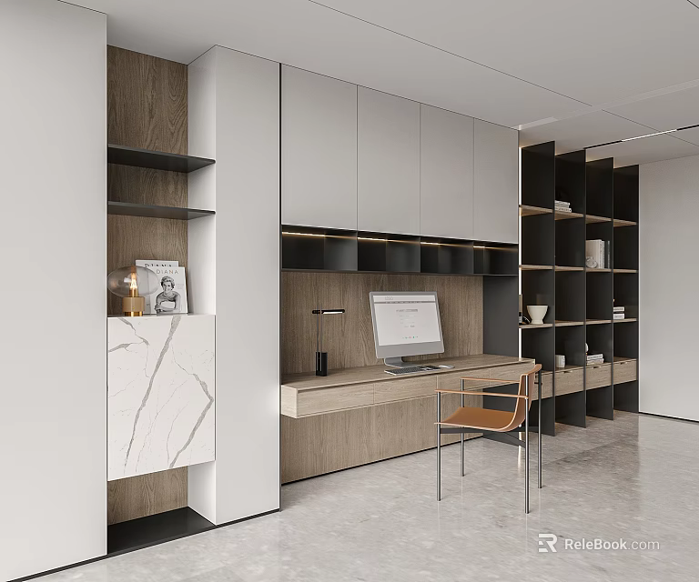 Modern Home Office Interior With Wooden White Cabinets Study Desk Computer Bookshelves And Comfortable Chair 3d model 