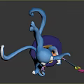 Woman With Purple Hair Sitting On Blue Octopus Holding Magic Wand With Pink Flower
