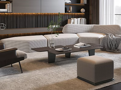 Modern Beige L Shaped Sofa and Coffee Table Set with Ottoman Dark Wood and Soft Rug 3d model