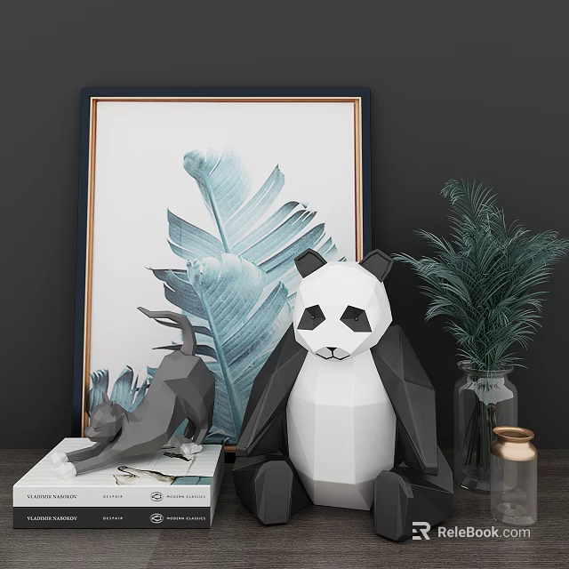 Decorative Ornament Set With Panda Figurine Bird Statue Green Plant And Leaf Art Painting 3d model 