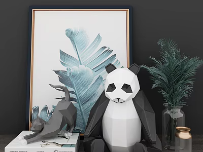Decorative Ornament Set With Panda Figurine Bird Statue Green Plant And Leaf Art Painting 3d model