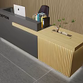 Modern Reception Desk with Laptop Books Shelf Small Plant Wooden Countertop and Lighting