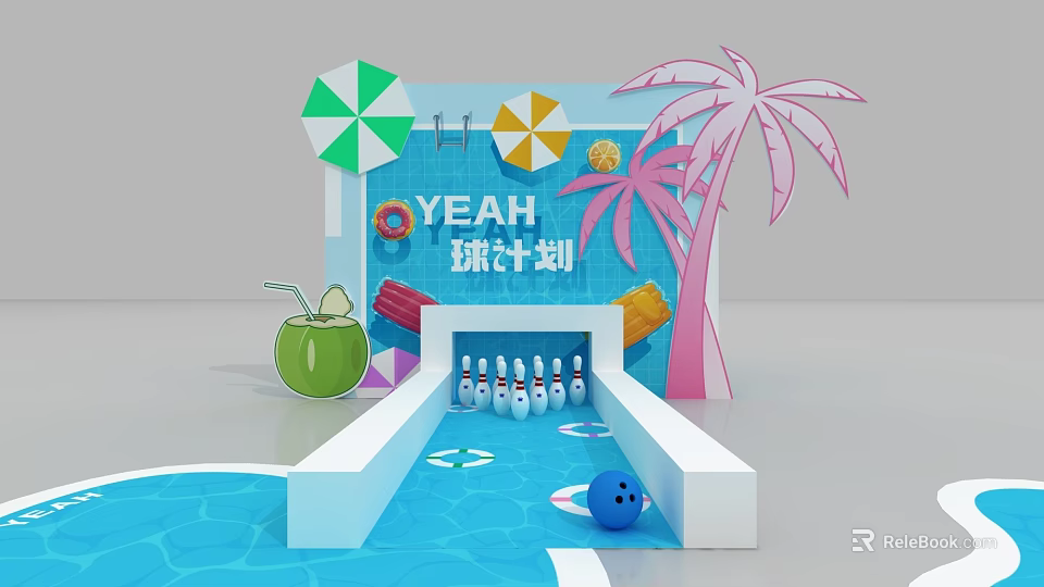 Interactive Zone Featuring Bowling Alley Pins Blue Ball Coconut Drink Umbrella and Palm Tree 3d model 