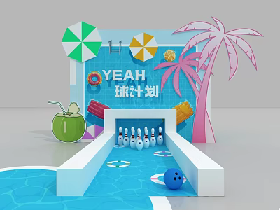Interactive Zone Featuring Bowling Alley Pins Blue Ball Coconut Drink Umbrella and Palm Tree 3d model