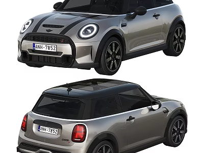 MINI Cooper Silver Two Door Hatchback With Black Roof Round Headlights And Black Alloy Wheels 3d model