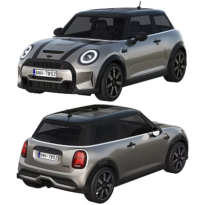MINI Cooper Silver Two Door Hatchback With Black Roof Round Headlights And Black Alloy Wheels 3d model