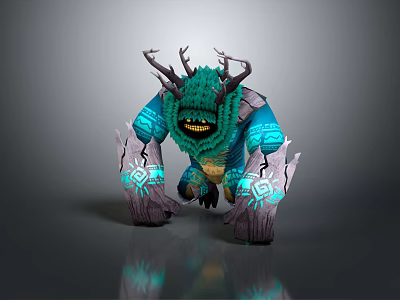 Mythical Creature Character With Green Antlers Teal Body And Glowing Arm Patterns In Aggressive Stance 3d model