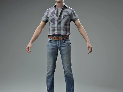Man Wearing Short Sleeved Plaid Shirt and Blue Jeans Standing with Arms Outstretched 3d model