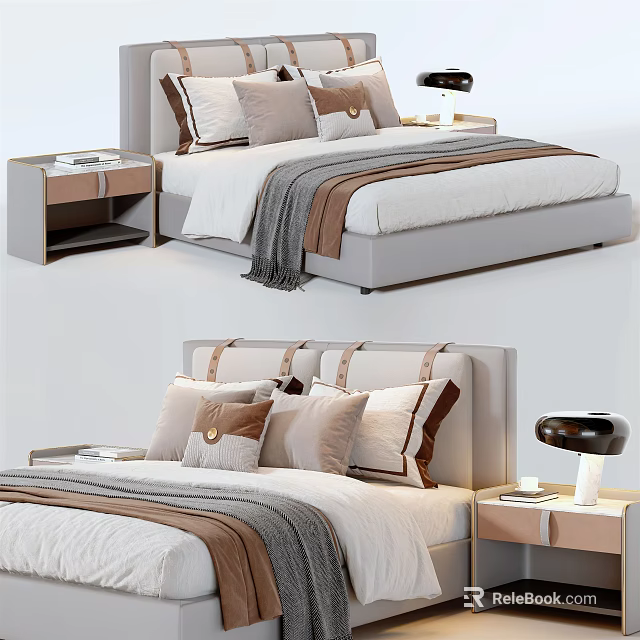 Modern Double Bed Design With Upholstered Headboard Multiple Pillows Nightstand And Table Lamp 3d model