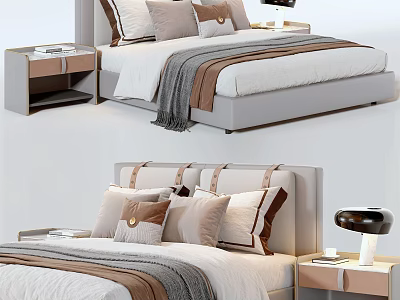 Modern Double Bed Design With Upholstered Headboard Multiple Pillows Nightstand And Table Lamp 3d model