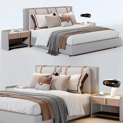 Modern Double Bed Design With Upholstered Headboard Multiple Pillows Nightstand And Table Lamp 3d model
