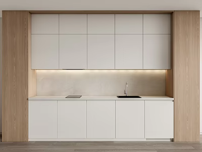 Minimalist Modern Kitchen Interior With White Cabinets Wooden Panels And Light Countertop 3d model