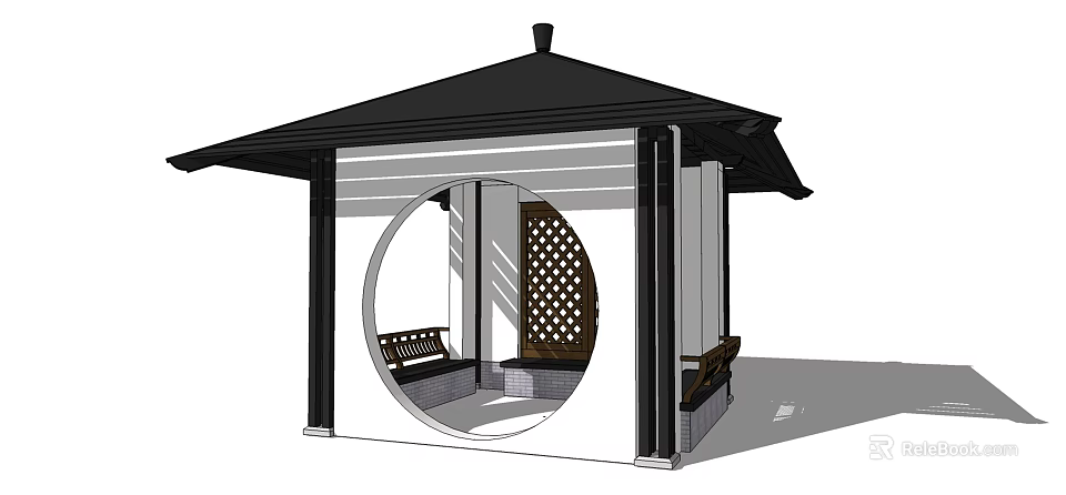 Traditional Chinese Pavilion With Black Roof White Columns Circular Opening Lattice Screen And Wooden Bench 3d model 