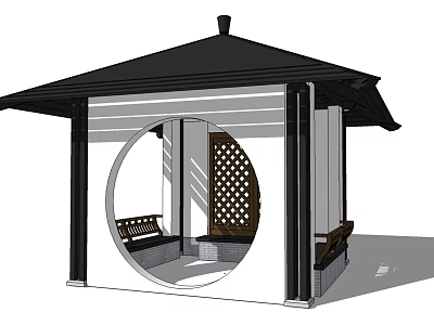Traditional Chinese Pavilion With Black Roof White Columns Circular Opening Lattice Screen And Wooden Bench 3d model