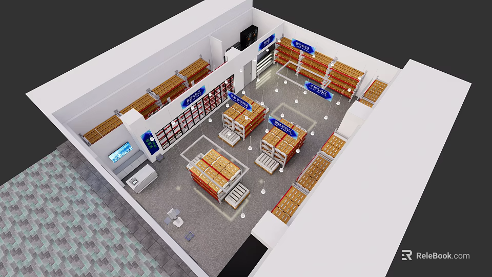 Supermarket Department Store Interior Layout With Product Shelves And Checkout Area 3d model 