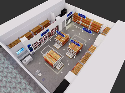Supermarket Department Store Interior Layout With Product Shelves And Checkout Area 3d model
