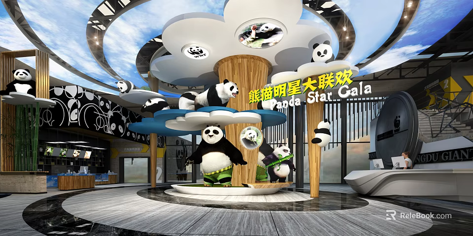 Panda Star Gala Interior With Cloud Shaped Decorations And Panda Figures 3d model